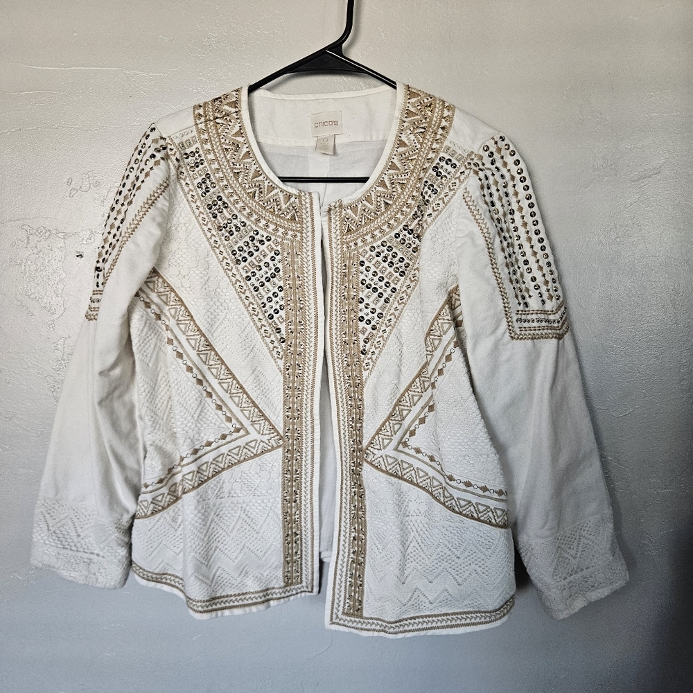 Chico's Women's 0 Small 4 Cream Tan Embroidered Sequin Open Jacket Boho Business